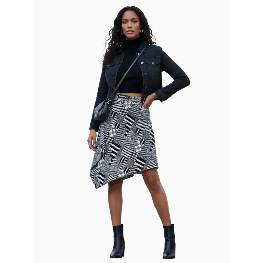 Desigual x Christian Lacroix Geometric Asymmetrical Wrap Skirt Black White